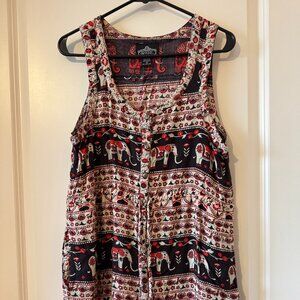Angie Elephant Print Sleeveless Boho Dress Tunic – Size Large, 100% Rayon